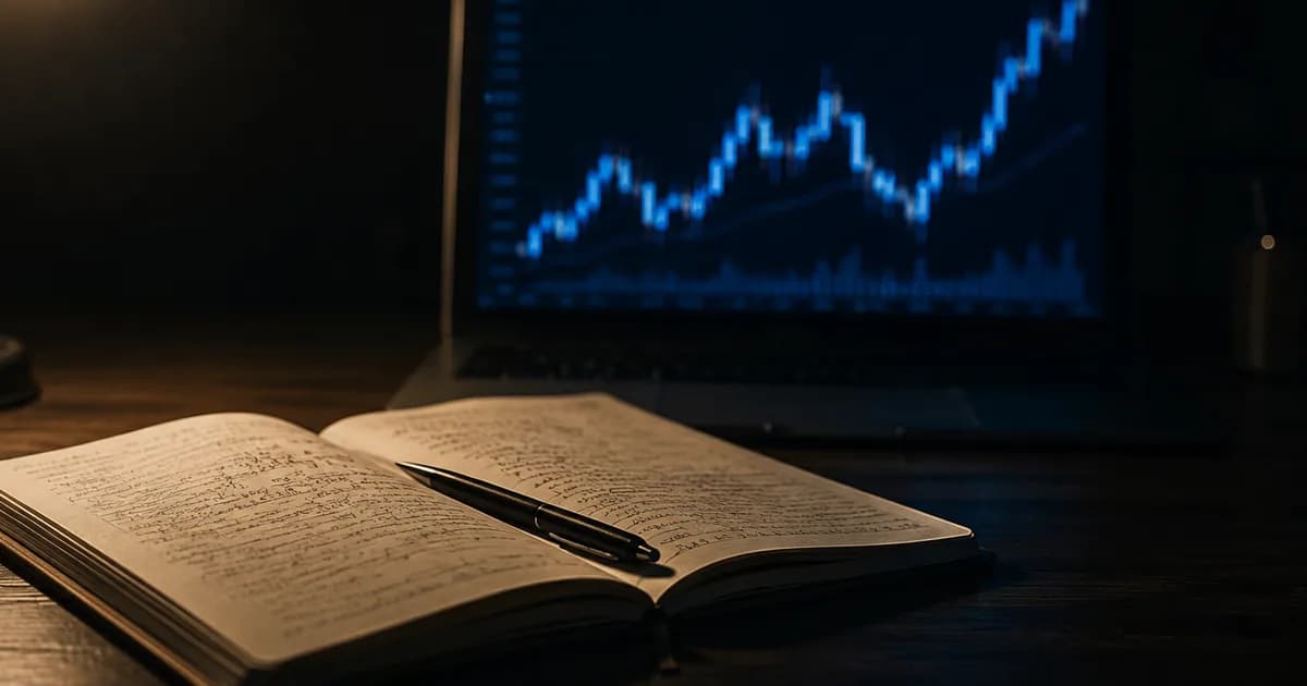 Carnet de trading ouvert à côté d'un écran affichant un graphique en chandeliers