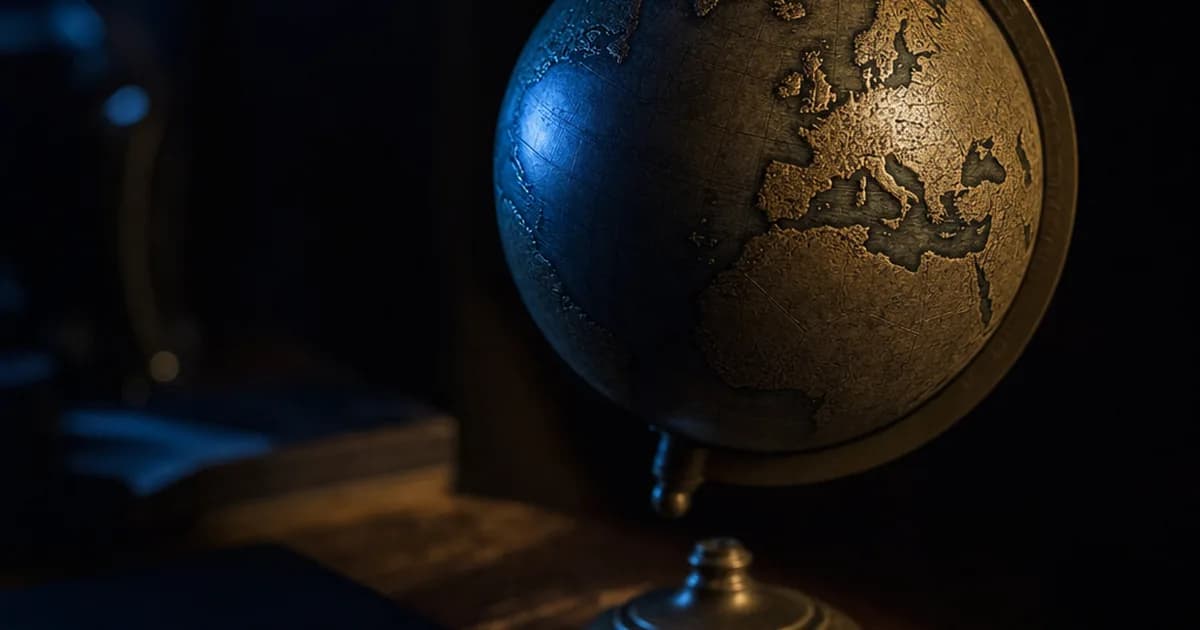 Globe terrestre en laiton éclairé par une lumière bleue, tourné vers l'Europe de l'Ouest